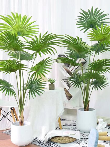 Large Tropical Fan Palm Tree Artificial Green Plant Potted Indoor Floor Plant Landscaping Fake Palm Tree Bonsai Decoration