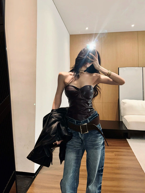 ISGRX Jiuzilihuo original design red brown leather tube top autumn and winter sexy hottie Yujie high-end sense