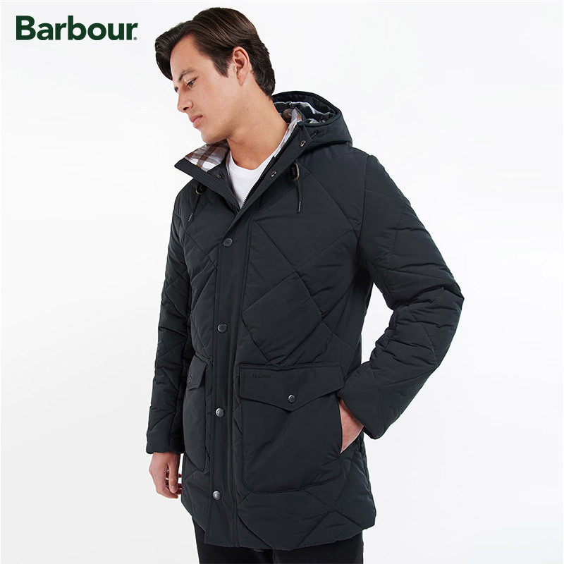 Barbour Moben Men's Plaid-Lined Warm Mid-Length Hooded Quilted Jacket
