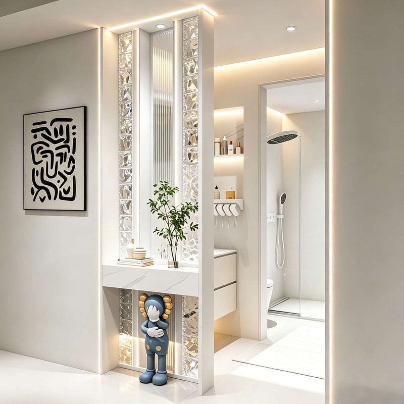 New Stainless Steel Glass Brick Partition for Living Room Entrance, High-End Feel, Xiaohongshu Crystal Brick Screen and Storage Table Integrated New Stainless Steel Glass Brick Partition for Living Room Entrance, High-End Feel, Xiaohongshu Crystal Brick Screen and Storage Table Integrated