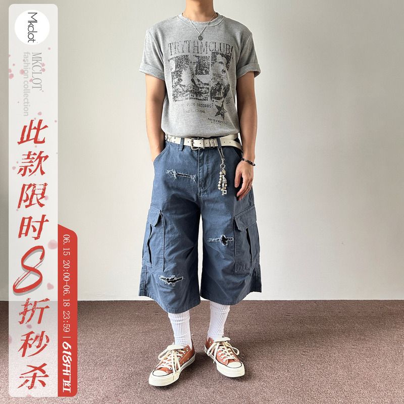 Mkclot Retro Work Pants Vintage Blue Cargo Shorts Men's Summer Casual Loose Versatile Cropped Pants Mkclot Retro Work Pants Vintage Blue Cargo Shorts Men's Summer Casual Loose Versatile Cropped Pants
