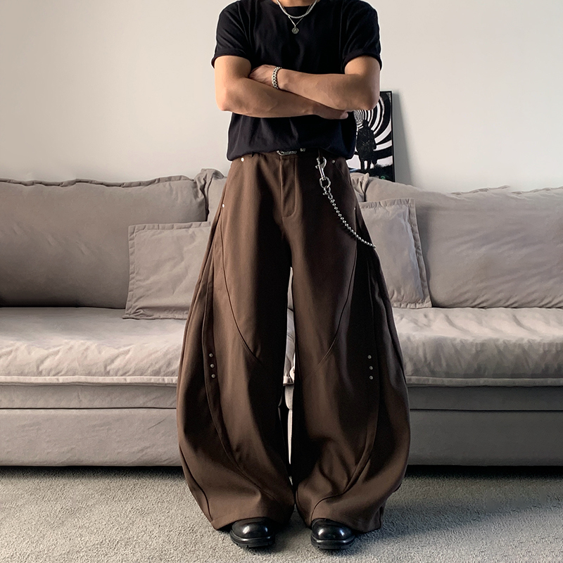 Mkclot American-Style Cleanfit Brown Patchwork Studded Scimitar Trousers Men's Baggy Loose Wide-Leg Pants Mkclot American-Style Cleanfit Brown Patchwork Studded Scimitar Trousers Men's Baggy Loose Wide-Leg Pants