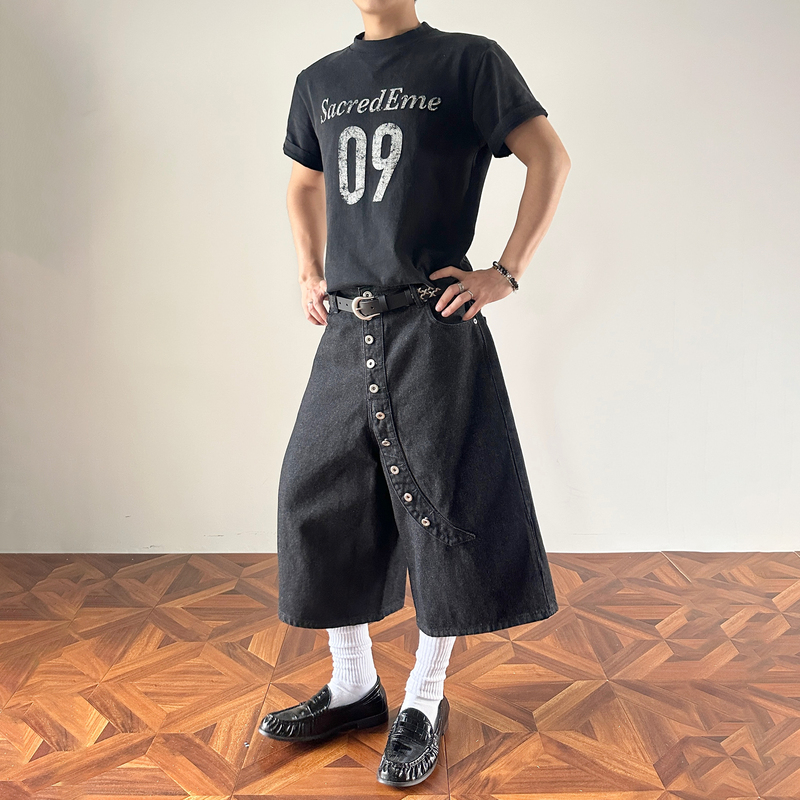Mkclot American-Style Buttoned Design Raw Denim Cropped Pants Unisex Summer Black Shorts Loose Wide-Leg Pants Mkclot American-Style Buttoned Design Raw Denim Cropped Pants Unisex Summer Black Shorts Loose Wide-Leg Pants