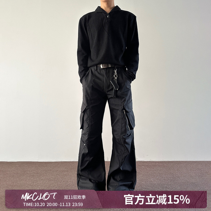 Mkclot American Retro Multi-Pocket Pleated Black Cargo Pants Unisex Wide-Leg Loose Straight Casual Pants Mkclot American Retro Multi-Pocket Pleated Black Cargo Pants Unisex Wide-Leg Loose Straight Casual Pants