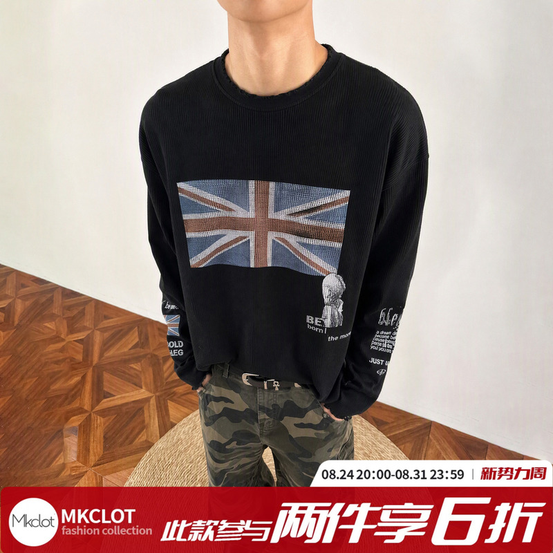 Mkclot American Street Style Distressed Washed Printed Black Base Shirt for Men and Women Early Autumn Thin Cover-Up Long-Sleeved T-Shirt