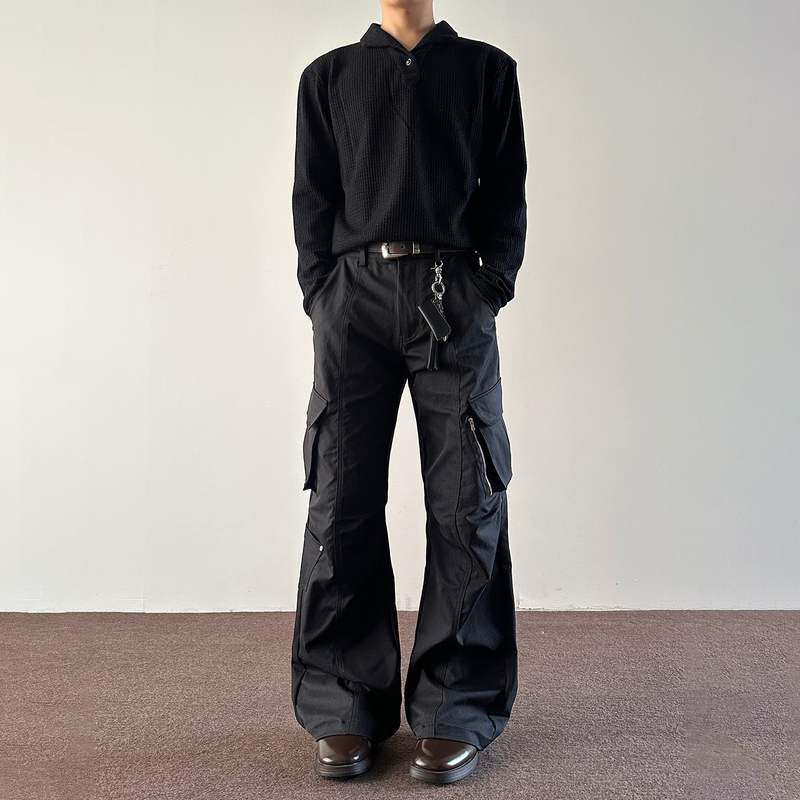 Mkclot American Retro Multi-Pocket Pleated Black Cargo Pants Unisex Wide-Leg Loose Straight Casual Pants