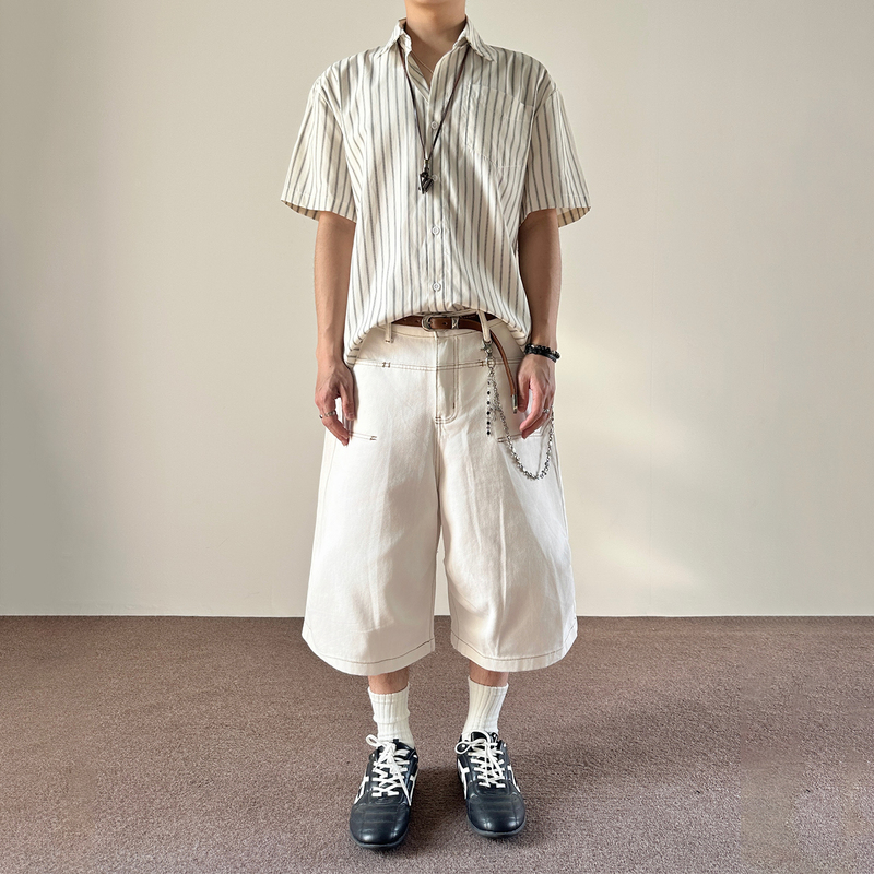Mkclot Retro Deconstructed Patchwork White Denim Capri Pants Men's Casual Loose Summer Shorts Commuter Pants