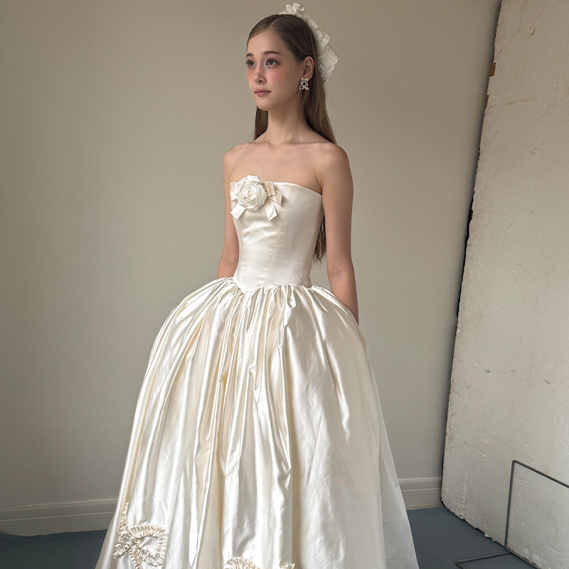 French-Style High-End Satin Beige Floral Engagement Wedding Dress, Morning Gown, Reception Dress, Toast Dress, Birthday Dress French-Style High-End Satin Beige Floral Engagement Wedding Dress, Morning Gown, Reception Dress, Toast Dress, Birthday Dress