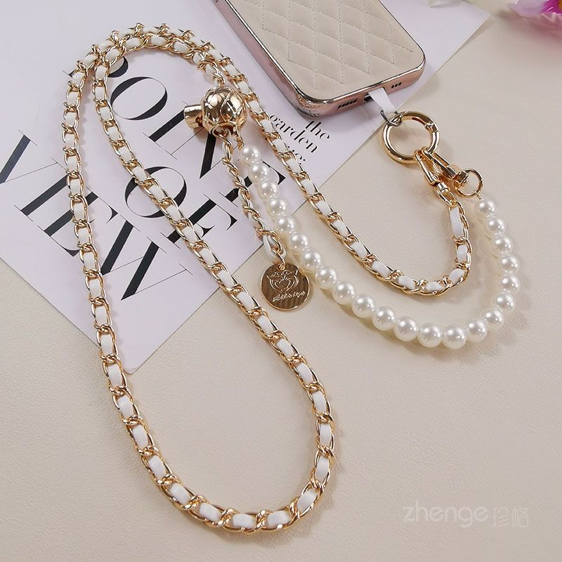 Crossbody adjustable pearl leather card chain, women's ins style, phone case lanyard, bag chain, long style, suitable for travel.