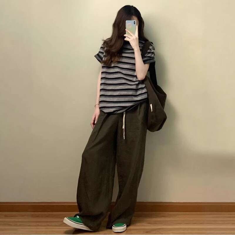 Japanese-Style Relaxed Sports Suit for Women, Summer Short-Sleeve Loose Slimming Korean-Style Student Wide-Leg Pants Casual Two-Piece Set