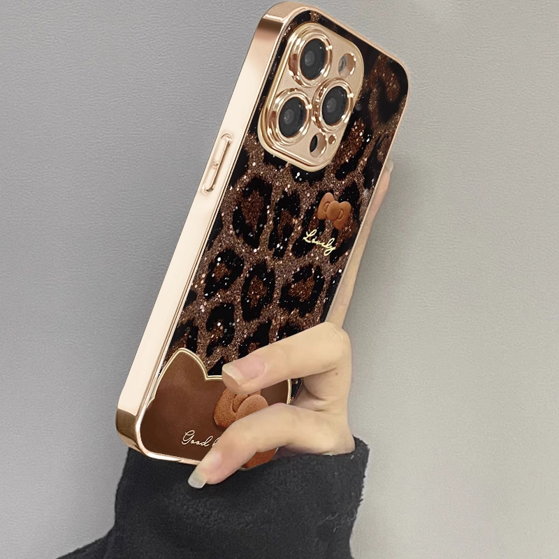 Leopard Print Cat Ear Bow Phone Case for Apple 17 Pro Max, Electroplated 16, Protective Case, Light Luxury 14 Plus, High-End Feel 13, Painted Full Coverage 12, Anti-Drop 11, Fairy Style XS Trendy