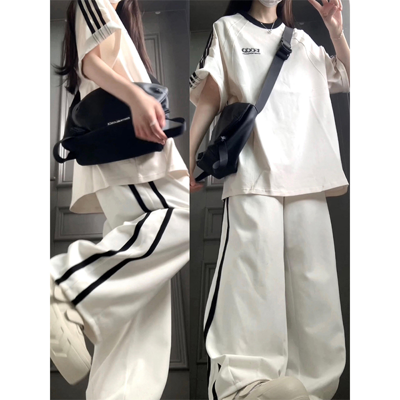 Pure Cotton Short-Sleeved Trousers Casual Sports Suit for Women Summer Students Korean Style Loose Slimming Fashionable Running Two-Piece Set