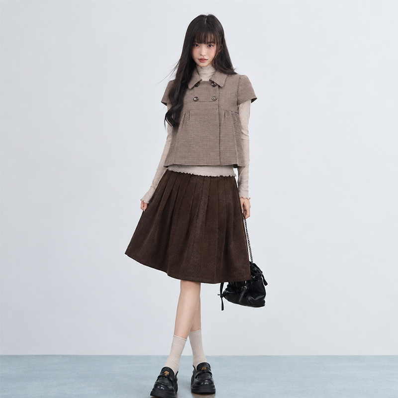 Autumn Korean-Style Intellectual Preppy College Style Woolen Short-Sleeve Vest Top and Skirt Set for Petite Women Autumn Korean-Style Intellectual Preppy College Style Woolen Short-Sleeve Vest Top and Skirt Set for Petite Women