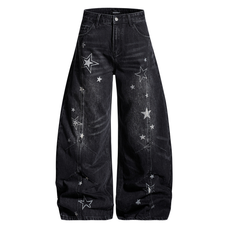 Blb Online Store American Retro Washed Distressed Star Print Scimitar Jeans Men's Loose Cargo Pants