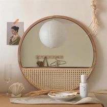 Rattan mirror antique Japanese style ins solid wood bathroom mirror dressing table bed and breakfast wall mirror decorative retro makeup mirror