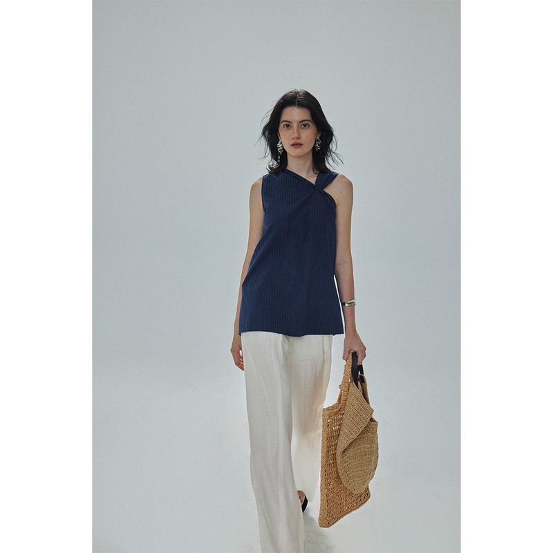 Moofeel Tencel Cotton Striped Sleeveless Shirt 2025 New Design with Asymmetrical Neckline A-Line French Top