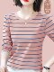 春秋装遮肚子纯棉上衣长袖t恤女宽松大码条纹秋衣薄款内搭打底衫