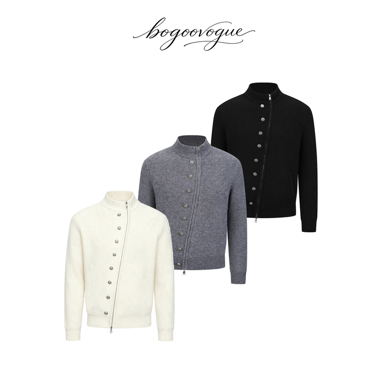 Boogoovogue Original Napoleon Elegant and Noble Court-Style Men's Hand-Stitched Button Diagonal Zipper Sweater Cardigan Jacket