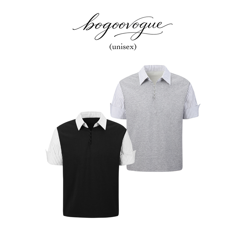 Boogoovogue New Aristocratic Napoleon Equestrian Court Style Fake Two-Piece T-Shirt with Striped Shirt Short Sleeve Top