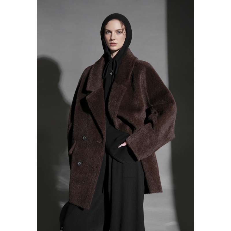 Jianchuang Arc Light Outline Imported Suri Alpaca Wool Coat Women's Suit Collar Loose Os Style Matte Coat Winter