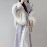 汀玥苓 Сиреневое демисезонное утепленное ципао, легкое платье, китайский стиль, светлый стиль, подходит для подростков