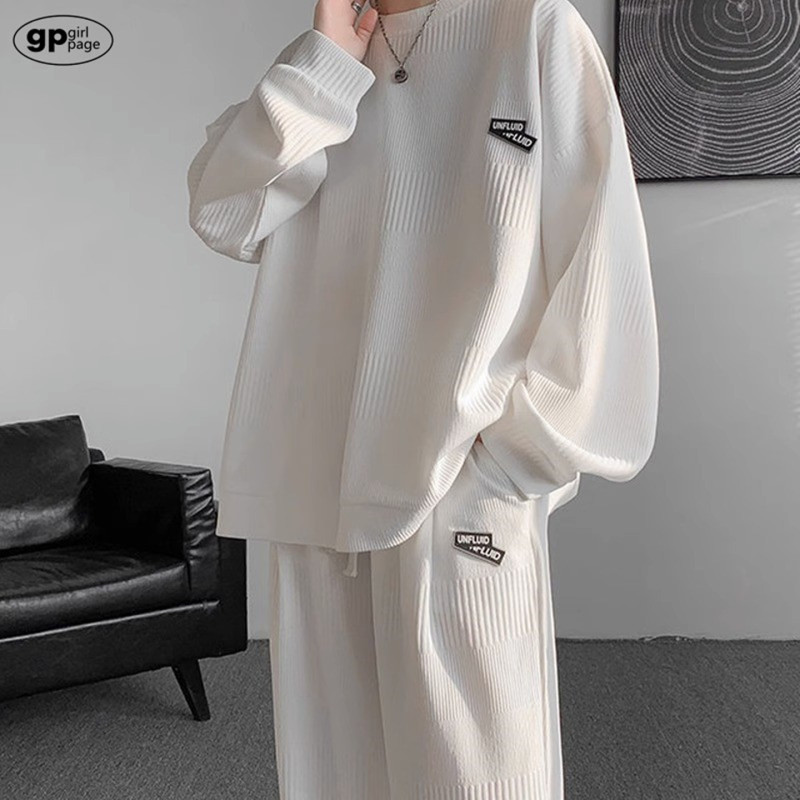 Japanese Gp Pure Cotton Designer Niche Pajamas for Men, Spring and Autumn, White, Large Size, Long-Sleeved, Sporty Loungewear Two-Piece Set