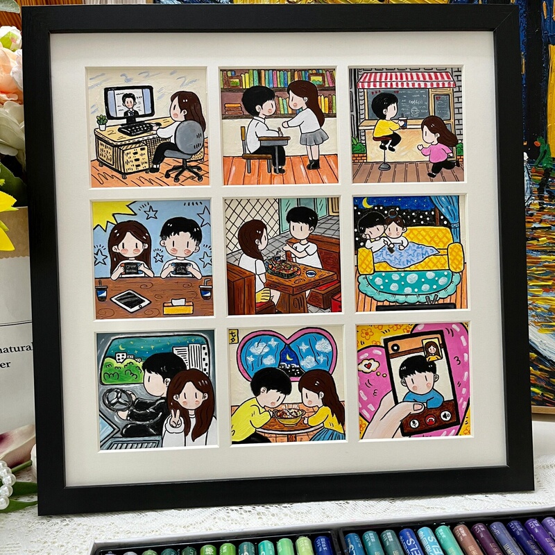 Newmasus Nine-Grid Hand-Painted Cartoon Portrait Photo Frame Couple Gift Commemorative Four-Grid Photo Custom Painting Newmasus Nine-Grid Hand-Painted Cartoon Portrait Photo Frame Couple Gift Commemorative Four-Grid Photo Custom Painting