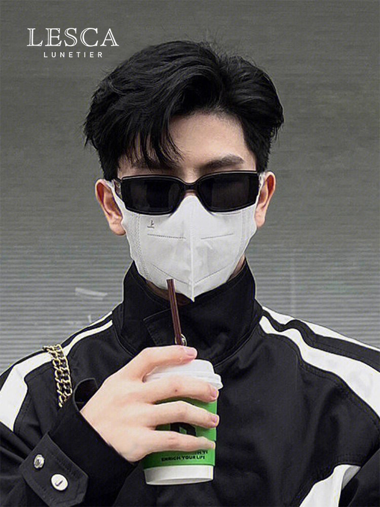 Lesca Square Frame Sunglasses for Men, Hip-Hop Sunglasses, Square Prescription Glasses, High-Definition Photo-Taking Round Lenses, Sunshade Black Frame