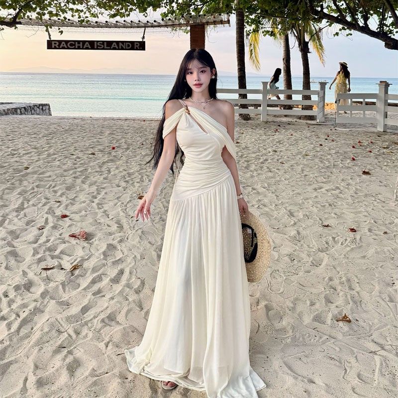 French Resort-Style Atmosphere One-Shoulder Dress for Women, Summer High-End Off-Shoulder Pure and Sexy Beach Long Dress