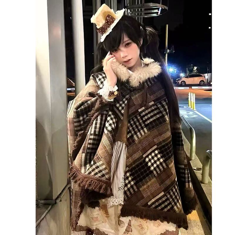 Lazy Style Brown Tassel Hooded Cape Coat for Women, Winter Thickened Warm Plaid Sleeveless Shawl Short Coat Lazy Style Brown Tassel Hooded Cape Coat for Women, Winter Thickened Warm Plaid Sleeveless Shawl Short Coat