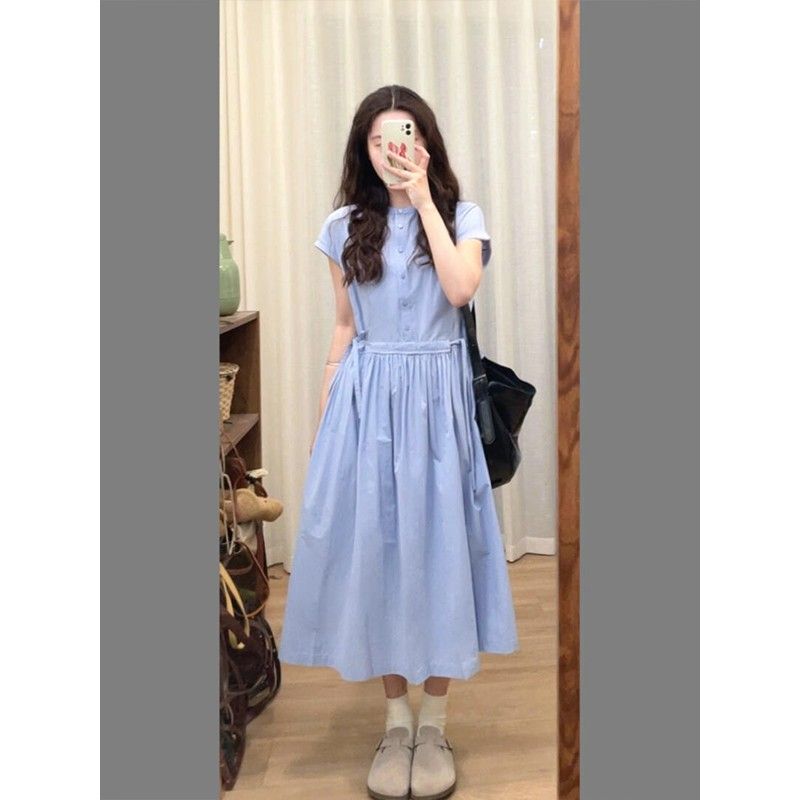 French-Style Blue Shirt Dress for Women, Summer 2025 New Model, Preppy Korean Style, Short-Sleeved, Waist-Cinching, Elegant Long Dress
