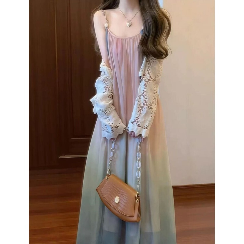 Gradient Color French Sweet Suspender Dress for Women, Summer High-End Elegant Vacation Seaside Stunning Fairy Long Dress Gradient Color French Sweet Suspender Dress for Women, Summer High-End Elegant Vacation Seaside Stunning Fairy Long Dress