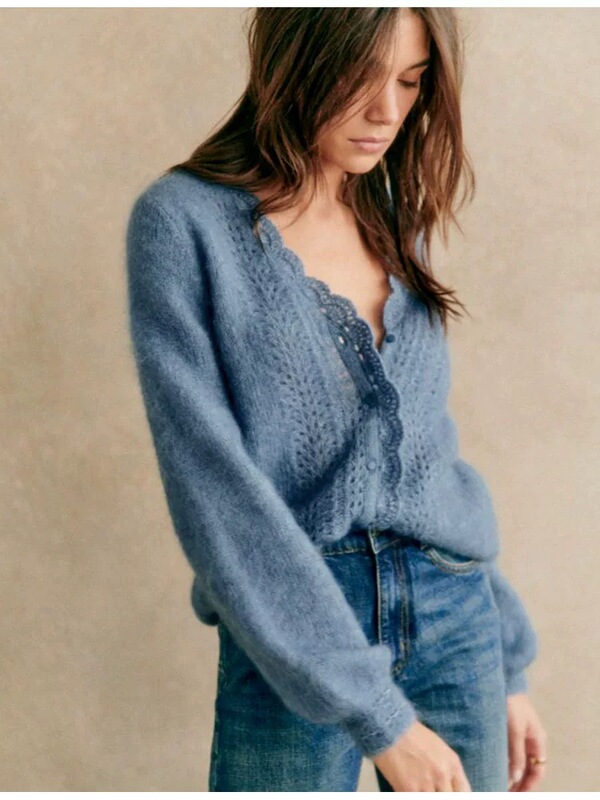 Discount Sezane Love You Xu Ruohan Shen Xifan V-Neck Loose Single-Breasted Knitted Cardigan Sweater Coat with Puff Sleeves
