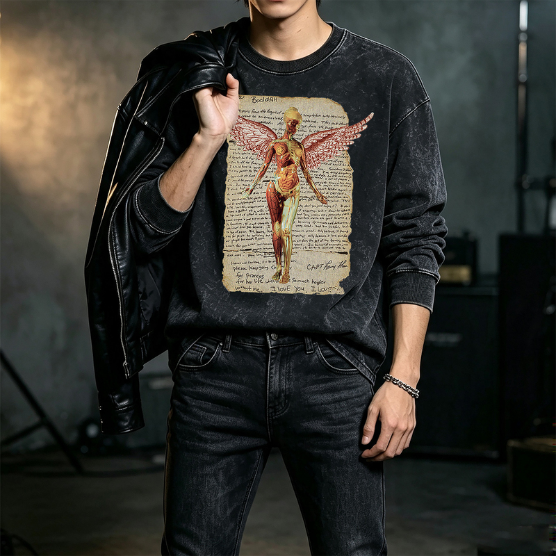 Washed Vintage Nirvana Band Long-Sleeve T-Shirt with Kurt Cobain Manuscript Print, Vintage Rock Loose-Fit Top Washed Vintage Nirvana Band Long-Sleeve T-Shirt with Kurt Cobain Manuscript Print, Vintage Rock Loose-Fit Top
