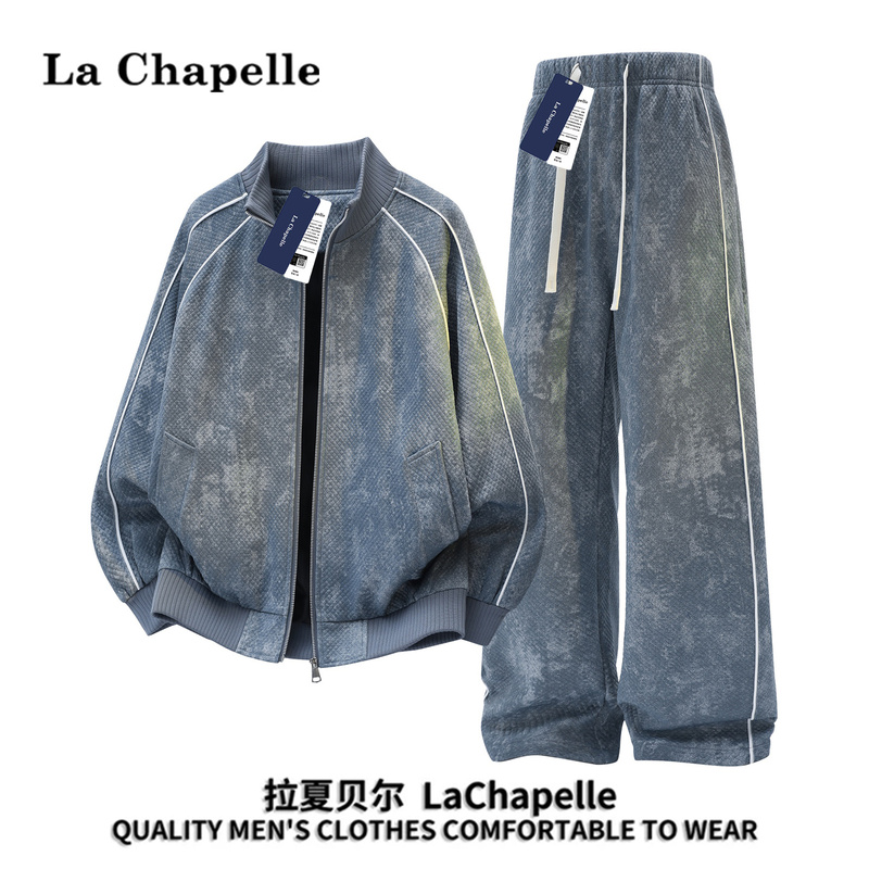 La Chapelle American Retro Sports Suit for Men, Autumn Style, Loose Casual Versatile Stand-Up Collar Jacket Two-Piece Set