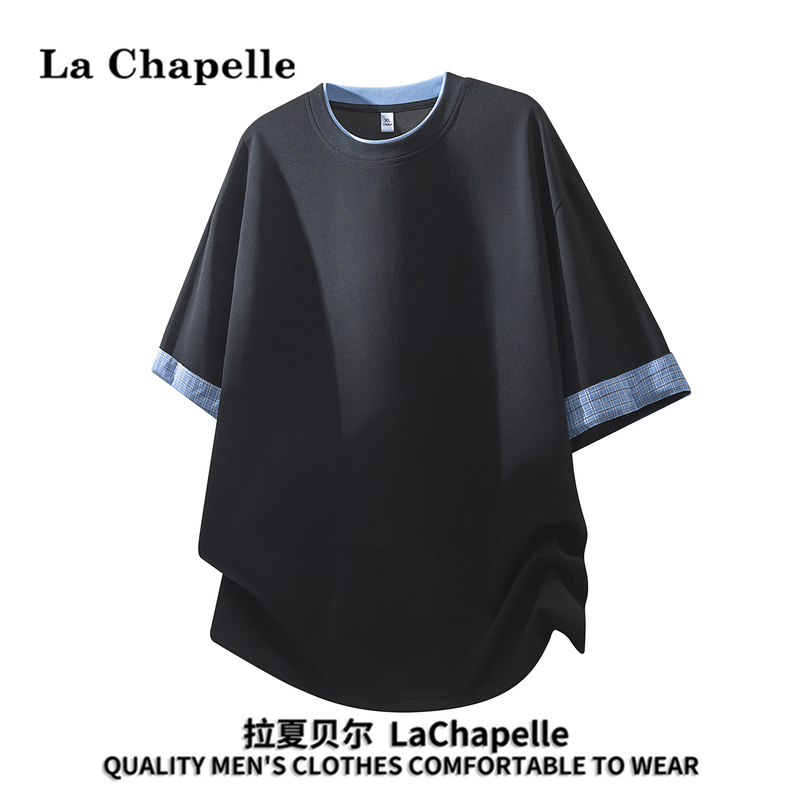La Chapelle Retro Plaid Short-Sleeved T-Shirt for Men, Summer Thin American Style Trendy Brand Loose Casual Round Neck Top
