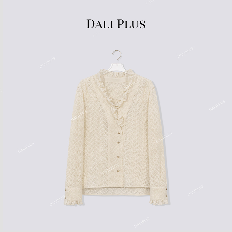 Big Li Plus "Soft Lace Shirt" Ruffled Lace V-Neck Long-Sleeved Shirt-Sd608258
