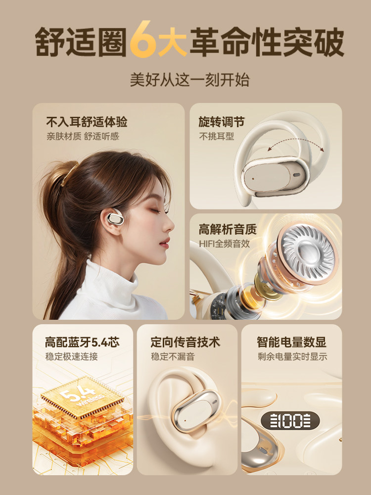 Open-Type Bluetooth Earphones, Over-Ear Wireless Sports Air Conduction, Non-In-Ear, Noise Reduction, 2025 New Model for Sports