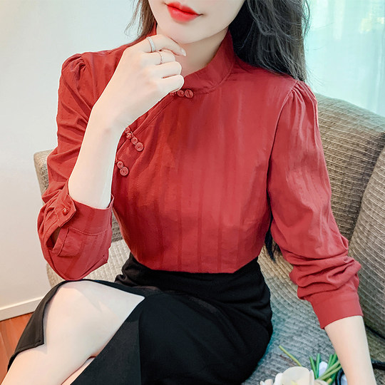 立领旗袍式盘扣衬衫女秋季新款长袖新中式纯棉上衣