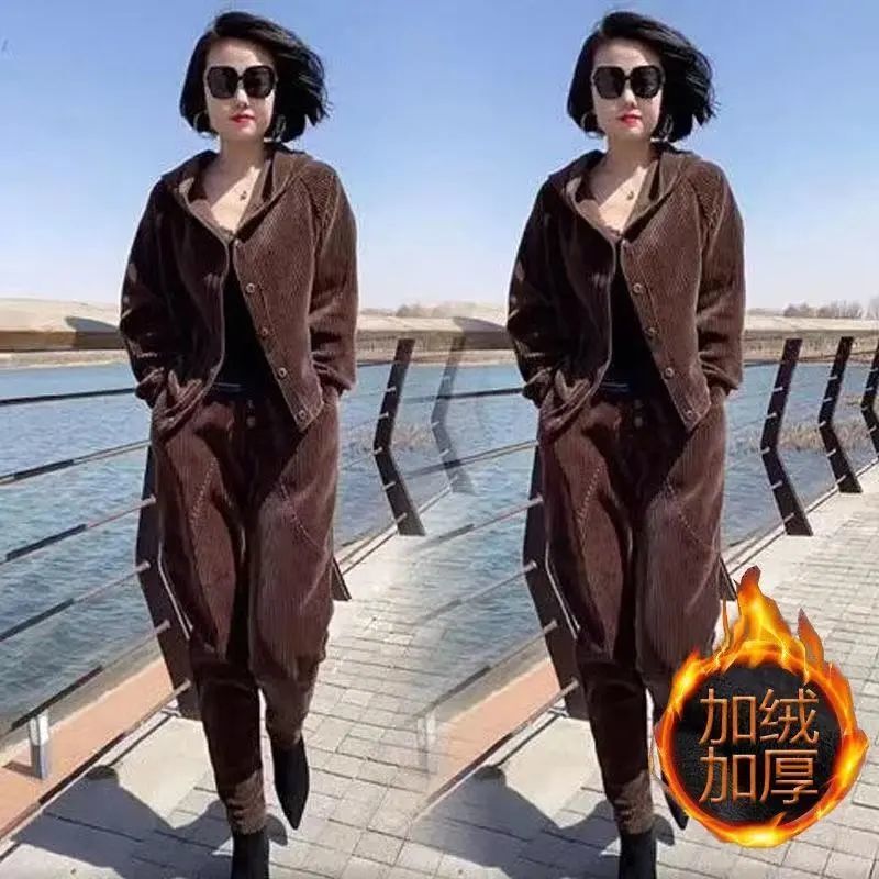 Women's Suit 2025 Autumn and Winter New Thickened Corduroy Loose Harem Pants Casual Stylish Fashionable Mom Two-Piece Set