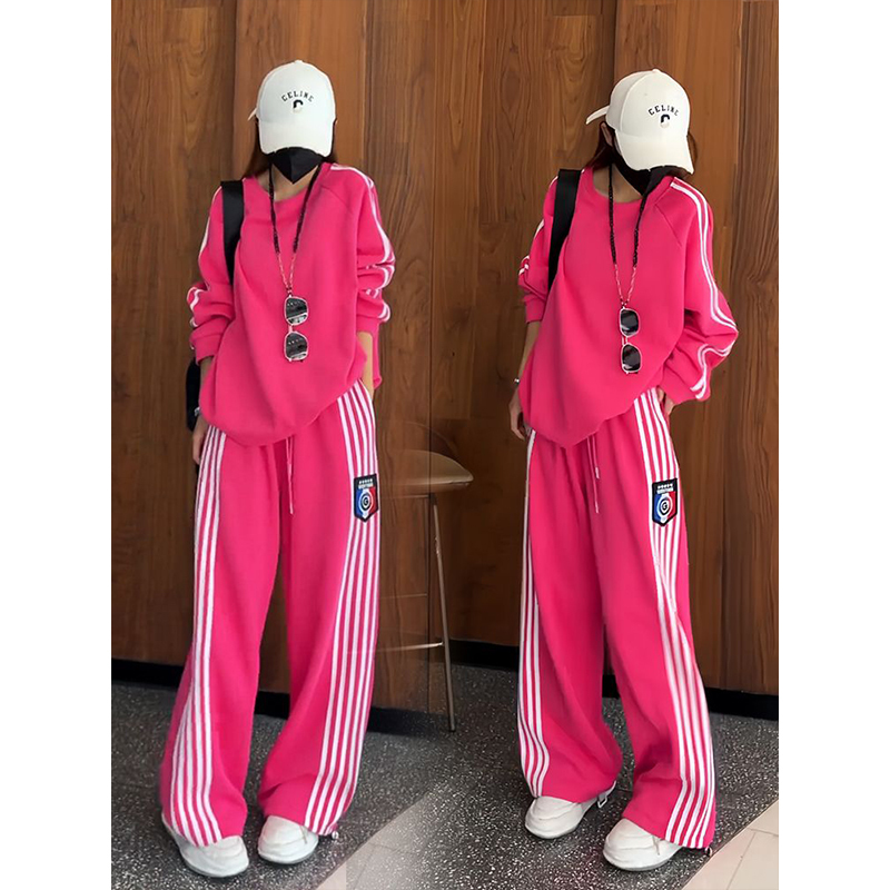 Casual Fashion Sports Suit for Women in Early Spring, Loose and Slimming, Round Neck Long-Sleeved Sweatshirt, High-Waisted Wide-Leg Pants Two-Piece Set
