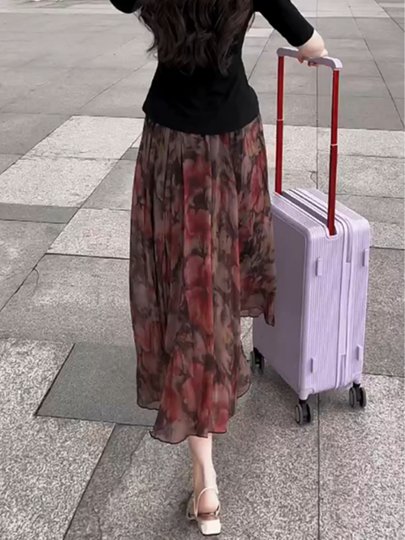 Red Elegant Floral Midi Skirt for Women 2024 Summer New Long Skirt Niche Design Atmospheric Versatile Gauze Skirt