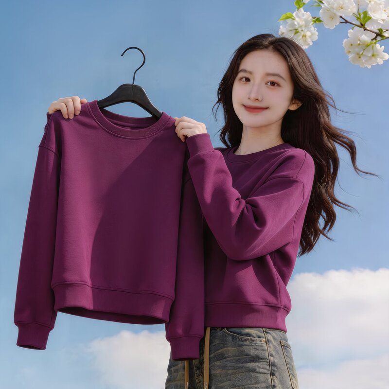 Pure Cotton Round Neck Short Sweatshirt, Casual and Loose Fit, Versatile for Everyday Wear, Thin Autumn Style, Drop Shoulder, Solid Color, Slimming Basic Sweatshirt