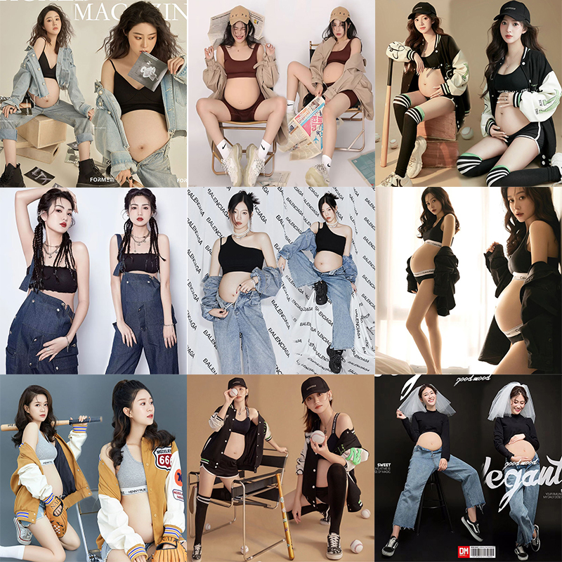 Pregnant Woman Photogrammetry Photography of Authentic Clothing Shadow Building New Cute Little Fresh Sports Wind Baseball Clothes Pregnant Woman Photos-Taobao