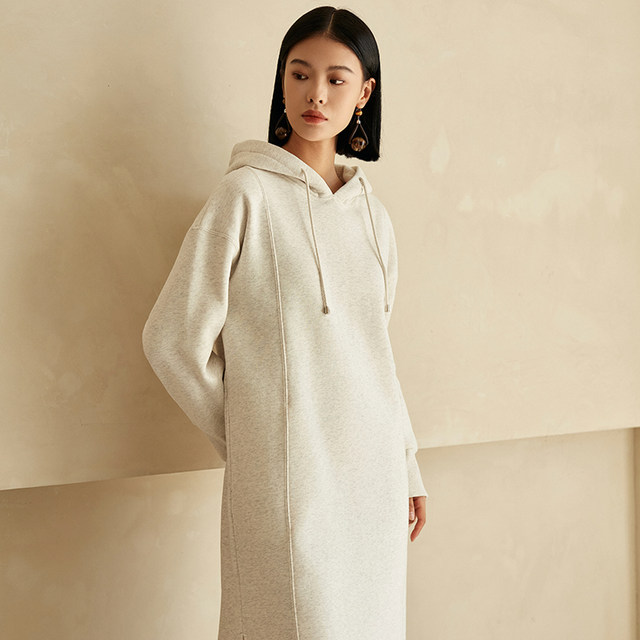 TheMiddle hooded long sweatshirt dress ສີ​ດໍາ​ແລະ​ສີ​ຂາວ​ເສື້ອ​ຜ້າ​ວ່າງ​ອອກ​ແບບ​ເກົາ​ຫຼີ​ເສື້ອ​ຍາວ​ເສື້ອ​ຂົນ​ຂົນ​ສົ່ງ​ມາ​ໃຫມ່​