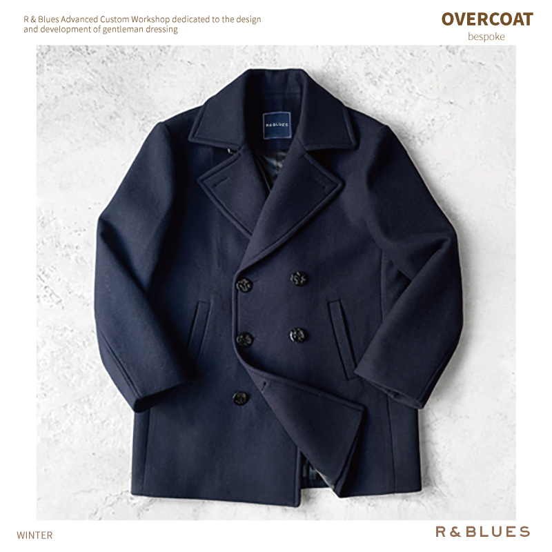 R&Blues Navy Blue Wool Pea Coat with High-End Craftsmanship