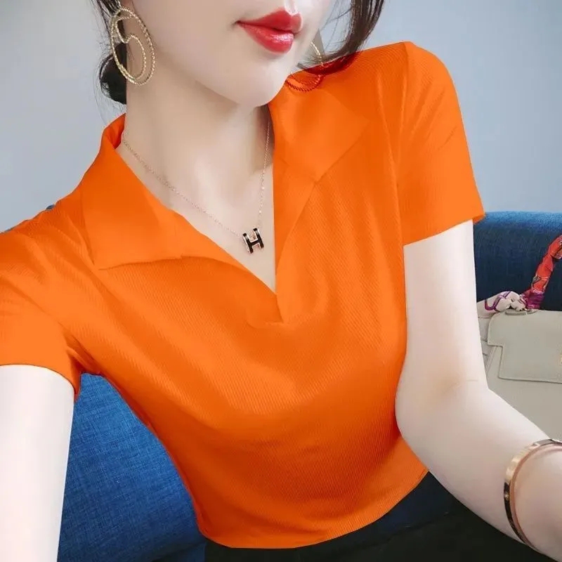 Summer New Style Lapel Short-Sleeve Women's Ice Silk Short-Sleeve Knit T-Shirt Women's Chanel-Style Polo Shirt Versatile Top for Women