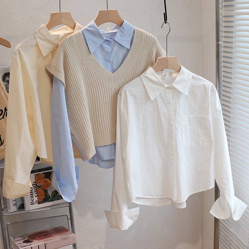 Short Pure Cotton Shirt for Women, New Autumn and Winter Style, Petite Inner Layering Shirt, Long-Sleeved, Unique Design, Niche White Top