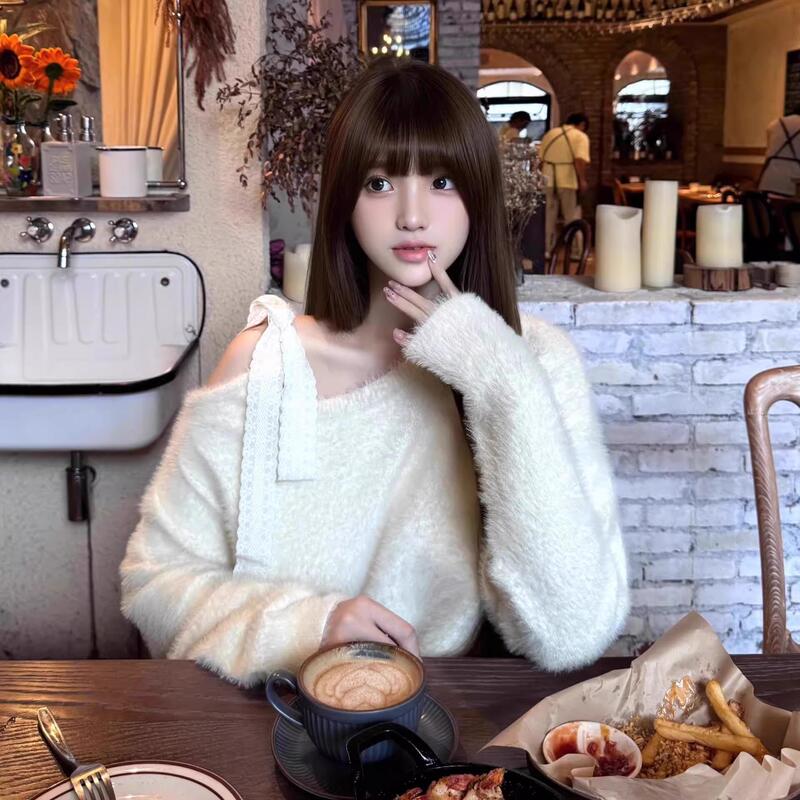 White Bow-Knot Off-Shoulder Mohair Pullover Sweater for Women, Autumn and Winter, Lazy Design, Loose Off-Shoulder Knitted Top White Bow-Knot Off-Shoulder Mohair Pullover Sweater for Women, Autumn and Winter, Lazy Design, Loose Off-Shoulder Knitted Top