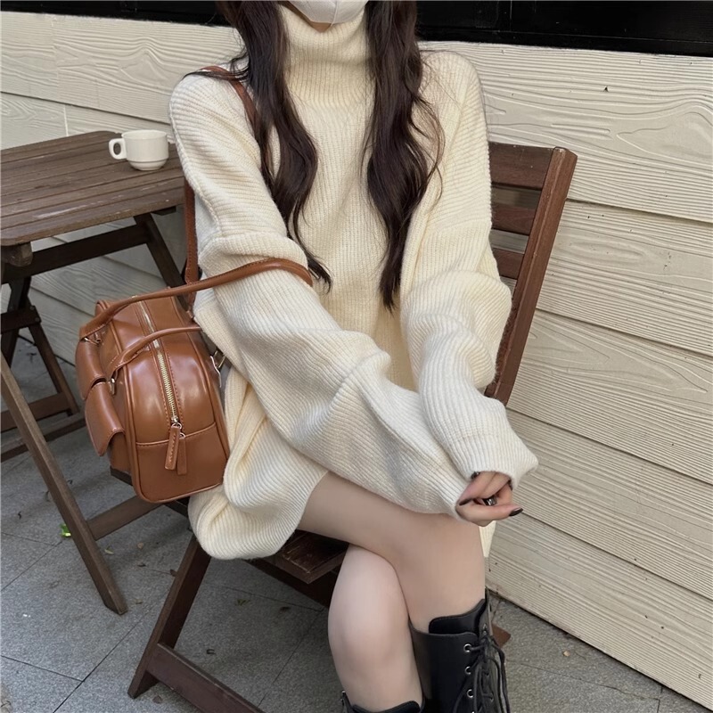Lazy Style Turtleneck Sweater for Women in Autumn and Winter, Thickeneded Outer Wear, Retro Loose Pure Color, Simple and Versatile Knitted Knitwear Top